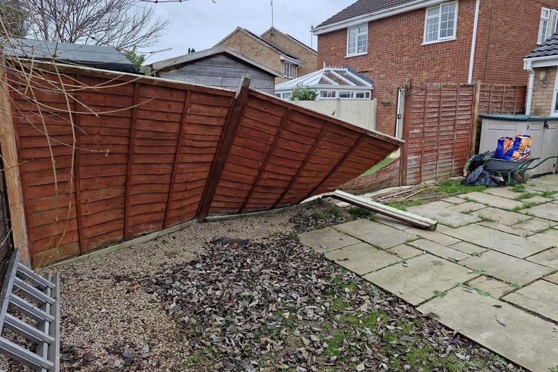 A fence panel blown down and leaning across a garden after a storm.
